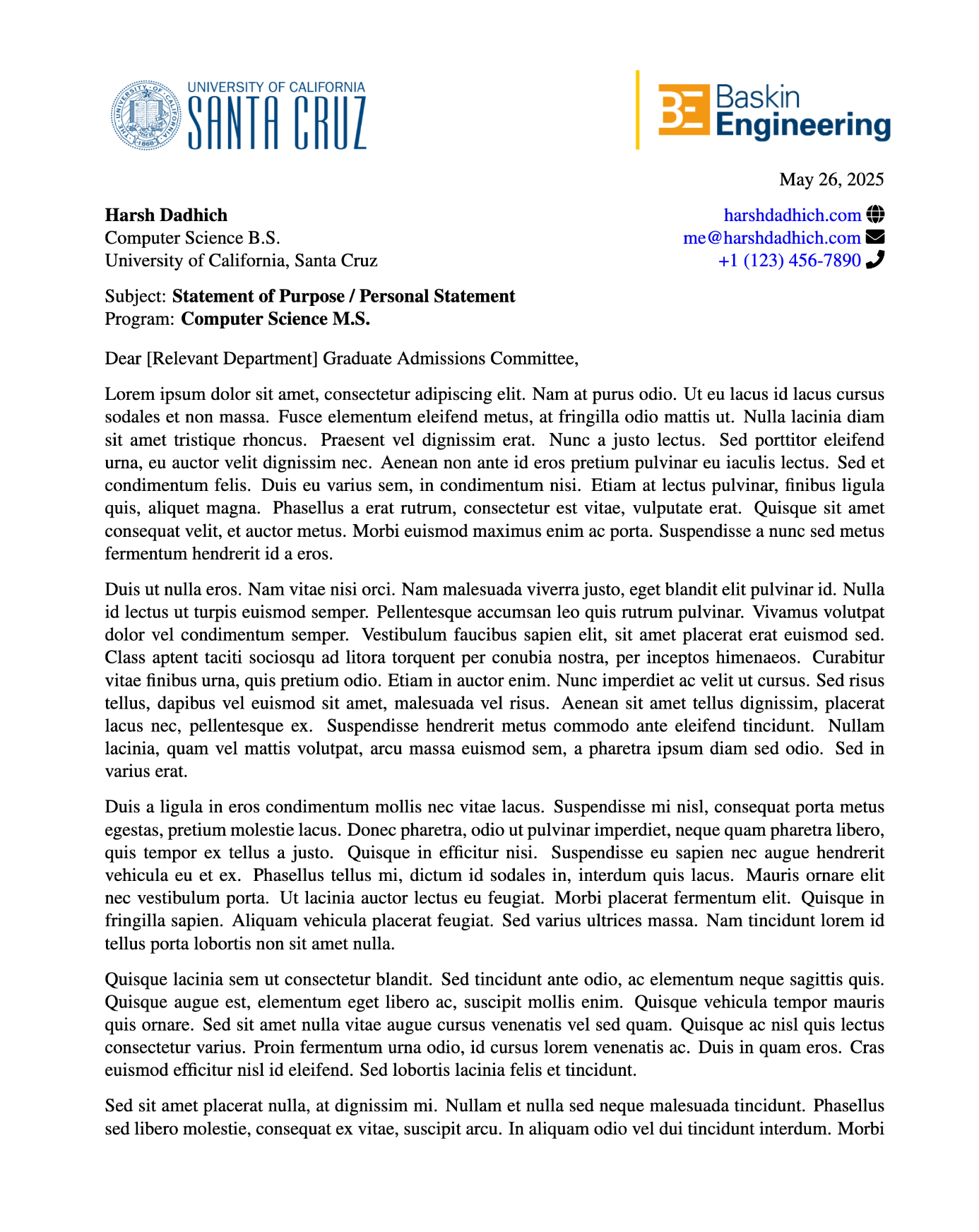 MS/PhD Application Letterhead